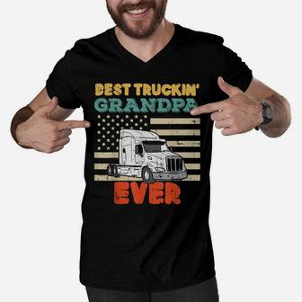 Mens American Flag Best Truckin Grandpa US Semi Truck Driver Gift Men V-Neck Tshirt | Crazezy