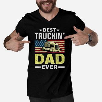 Mens Best Trucking Dad Ever Shirt Truck Driver Gifts USA Flag Men V-Neck Tshirt | Crazezy