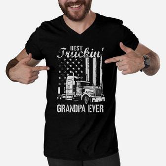 Mens Best Trucking Grandpa Ever Truck Driver American Flag Men V-Neck Tshirt | Crazezy