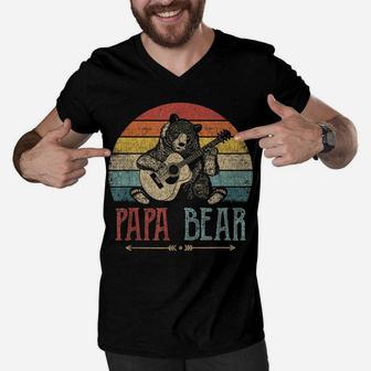 Mens Cute Papa Bear Shirt Vintage Father's Day Retro Dad Guitar Men V-Neck Tshirt | Crazezy UK