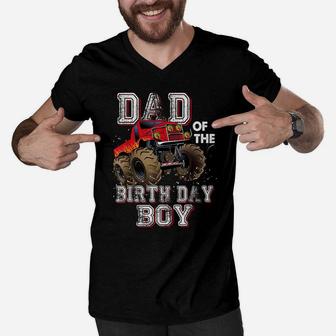 Mens Dad Of The Birthday Boy Monster Truck Birthday Men V-Neck Tshirt | Crazezy