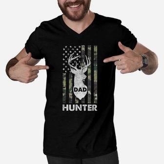 Mens Deer Hunter Dad Fathers Day Hunting American Flag Camo Papa Men V-Neck Tshirt | Crazezy