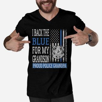 Mens I Back The Blue For My Grandson Proud Police Grandpa Family Men V-Neck Tshirt | Crazezy UK
