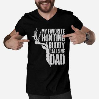 Mens My Favorite Hunting Buddy Calls Me Dad Deer Hunter Men V-Neck Tshirt | Crazezy