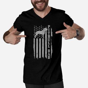Mens Pitbull Dad Vintage American Flag Patriotic Pitbull Dog Men V-Neck Tshirt | Crazezy