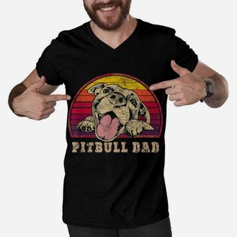 Mens Pitbull Dad - Vintage Smiling Pitbull Fathers & Dog Lovers Men V-Neck Tshirt | Crazezy