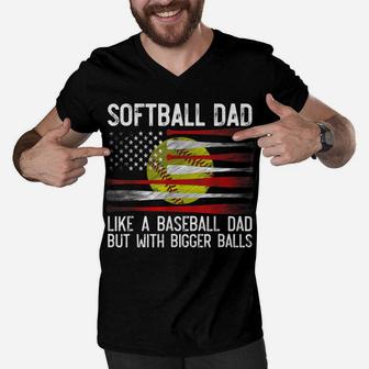 Mens Softball Dad Bigger Balls Best Dad Coach Ever Fathers Day Men V-Neck Tshirt | Crazezy