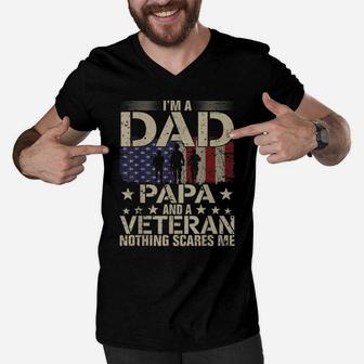 Mens Vintage I'm A Dad Papa And A Veteran Funny Grandpa Men V-Neck Tshirt | Crazezy