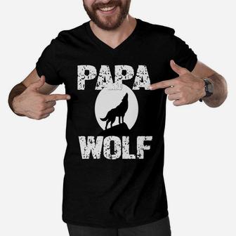 Papa Wolf Shirt Matching Family Tribe Wolves Moon Father Dad Sweatshirt Men V-Neck Tshirt | Crazezy CA