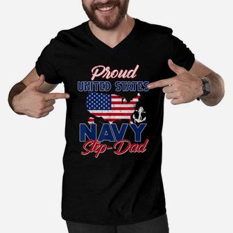 Proud Navy Step-Dad Us Flag Family S Army Military Men V-Neck Tshirt | Crazezy AU