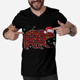 Red Plaid Bonus Dad Bear Matching Buffalo Pajama Men V-Neck Tshirt | Crazezy