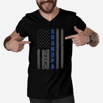 Thin Blue Line Grandpa American Flag Police Fathers Day Gift Sweatshirt Men V-Neck Tshirt | Crazezy UK