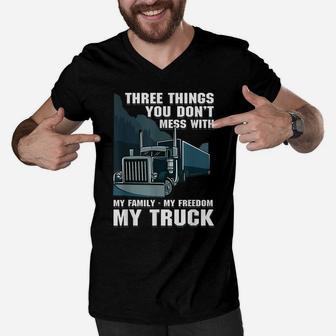 Trucker Dad Truck Driver Father Don't Mess With My Family Men V-Neck Tshirt | Crazezy
