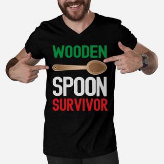 Wooden Spoon Survivor Funny Italian Mom Dad Sayings Sweatshirt Men V-Neck Tshirt | Crazezy