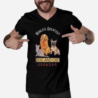 World's Greatest Dog And Cat Grandpa Dog Lovers Father's Day Men V-Neck Tshirt | Crazezy