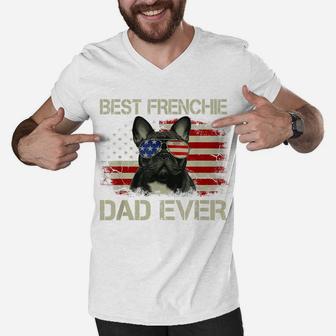 Mens Best Frenchie Dad Ever Tshirt Bulldog American Flag Gift Men V-Neck Tshirt | Crazezy CA
