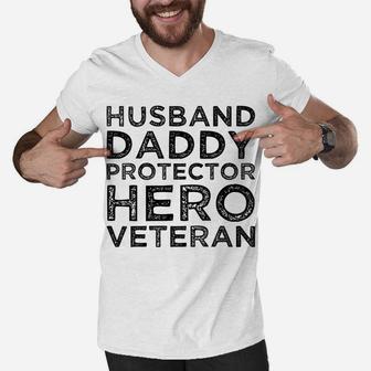 Mens Husband Daddy Protector Hero Veteran Father's Day Dad Gift Men V-Neck Tshirt | Crazezy