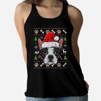 Boston Terrier Ugly Christmas Dog Santa Hat Xmas Boys Kids Sweatshirt Women Flowy Tank | Crazezy