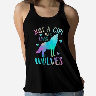 Just A Girl Who Loves Wolves Watercolor Cute Wolf Lover Gift Women Flowy Tank | Crazezy