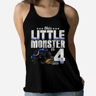 Kids 4 Years Old Little Monster Truck Shirt 4Th Birthday Gift Tee Women Flowy Tank | Crazezy UK