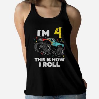 Kids Im 4 How I Roll Monster Truck Cute 4Th Birthday Boys Gift Women Flowy Tank | Crazezy