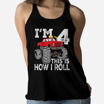 Kids Monster Trucks 4Th Birthday Party Shirt Four Years Women Flowy Tank | Crazezy UK