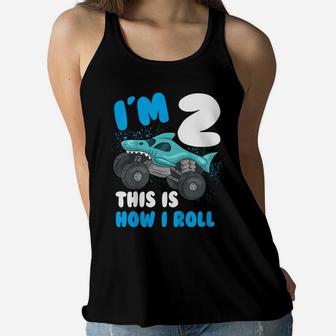 Kids Shark Monster Truck Birthday Party Toddler Is Two Years Old Women Flowy Tank | Crazezy CA