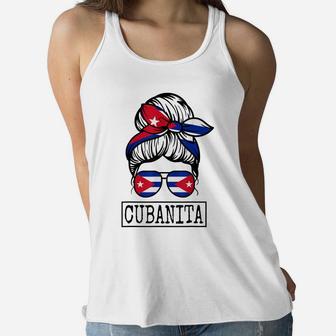 Cubanita Messy Hair Woman Bun Free Cuba Flag For Girls Women Flowy Tank | Crazezy CA