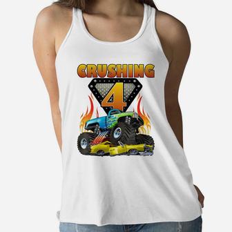 Kids Monster Truck 4 Year Old Shirt 4Th Birthday Boy Monster Car Women Flowy Tank | Crazezy