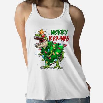 Merry Rex-Mas Funny T-Rex Dinosaur Christmas Gift For Kids Women Flowy Tank | Crazezy