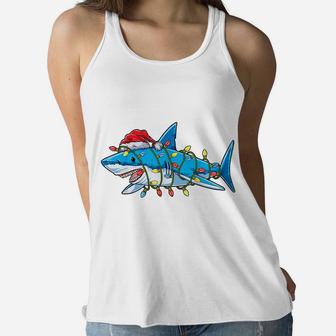 Santa Shark Christmas Lights Funny Boys Sharkmas Xmas Gifts Women Flowy Tank | Crazezy