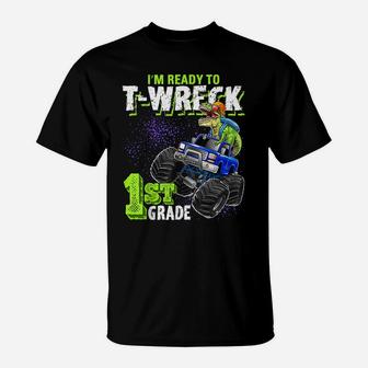 1St Grade Dinosaur Monster Truck Back To School Gift Boys T-Shirt | Crazezy