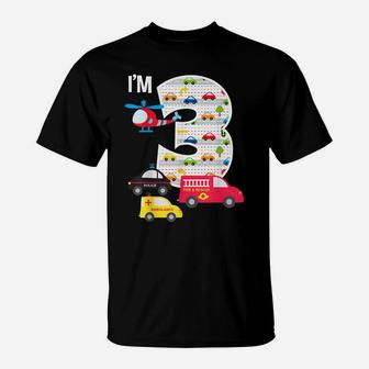 3Rd Birthday Fire Truck Police Car 3 Year Old Boys T-Shirt | Crazezy