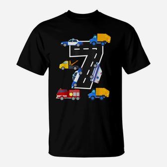 7Th Birthday Boys Fire Truck Police Car 7 Year Old T-Shirt | Crazezy