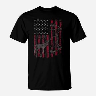 American Flag Deer Bow Hunting Patriotic Distressed T-Shirt | Crazezy