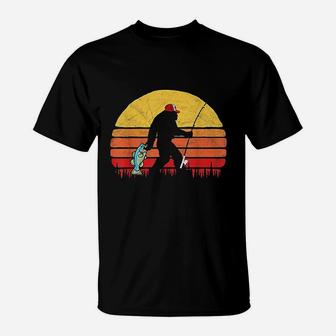 Bass Fishing Bigfoot In Trucker Hat Funny Vintage Sun T-Shirt | Crazezy