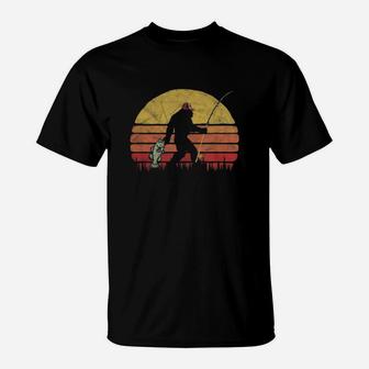Bass Fishing Bigfoot In Trucker Hat Retro T-Shirt | Crazezy