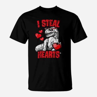 Boys Valentines Day Kids Dinosaur T Rex Lover I Steal Hearts T-Shirt | Crazezy