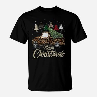 Buffalo Plaid Christmas Tree Red Truck With Leopard Print T-Shirt | Crazezy DE