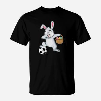 Bunny Rabbit With Easter Eggs Dabbing Playing Soccer T-Shirt | Crazezy