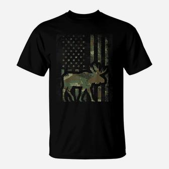 Camo American Flag Moose Hunting Gift For Hunter Moose Lover T-Shirt | Crazezy