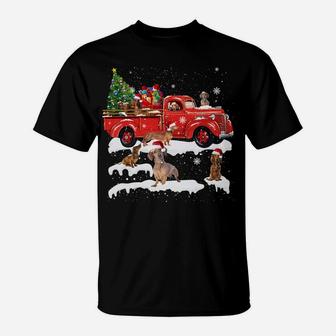 Dachshund Riding Red Truck Merry Christmas X-Mas Ugly Gift T-Shirt | Crazezy