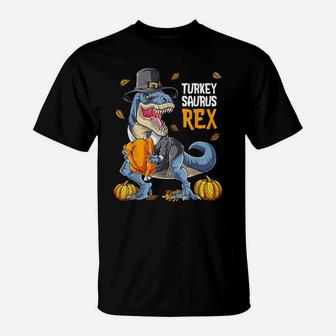 Dinosaur Thanksgiving Boys Turkey Saurus T Rex Pilgrim Kids T-Shirt | Crazezy