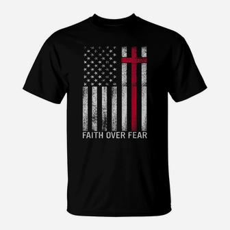 Faith Over Fears Cool Christian Cross American Usa Flag Gym T-Shirt | Crazezy