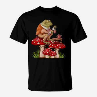 Frog Drinking Tea Mushroom Aesthetic Cottagecore T-Shirt | Crazezy