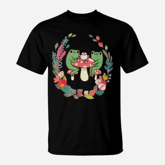 Frogs Drinking Tea Mushroom Cute Cottagecore Aesthetic Frog T-Shirt | Crazezy