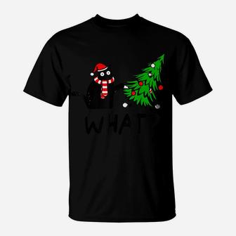 Funny Black Cat Gift Pushing Christmas Tree Over Cat What T-Shirt | Crazezy