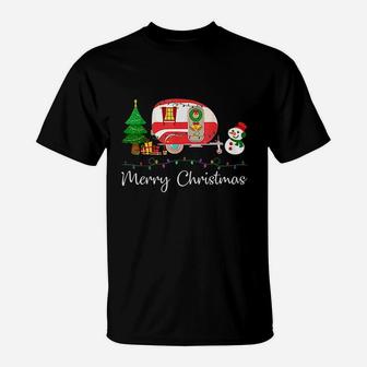 Funny Camping Merry Christmas Tree Camper Snowman Rv Lights T-Shirt | Crazezy UK