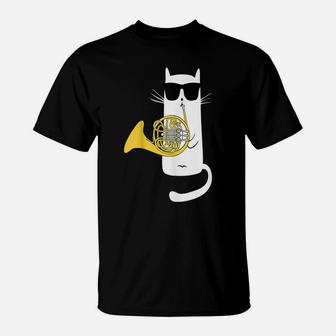 Funny Cat Wearing Sunglasses Playing French Horn T-Shirt | Crazezy