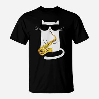 Funny Cat Wearing Sunglasses Playing Saxophone T-Shirt | Crazezy